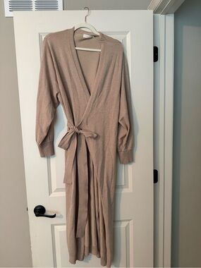 Wrap-Front Long Front Tie Dress in Taupe with Tie Waist
